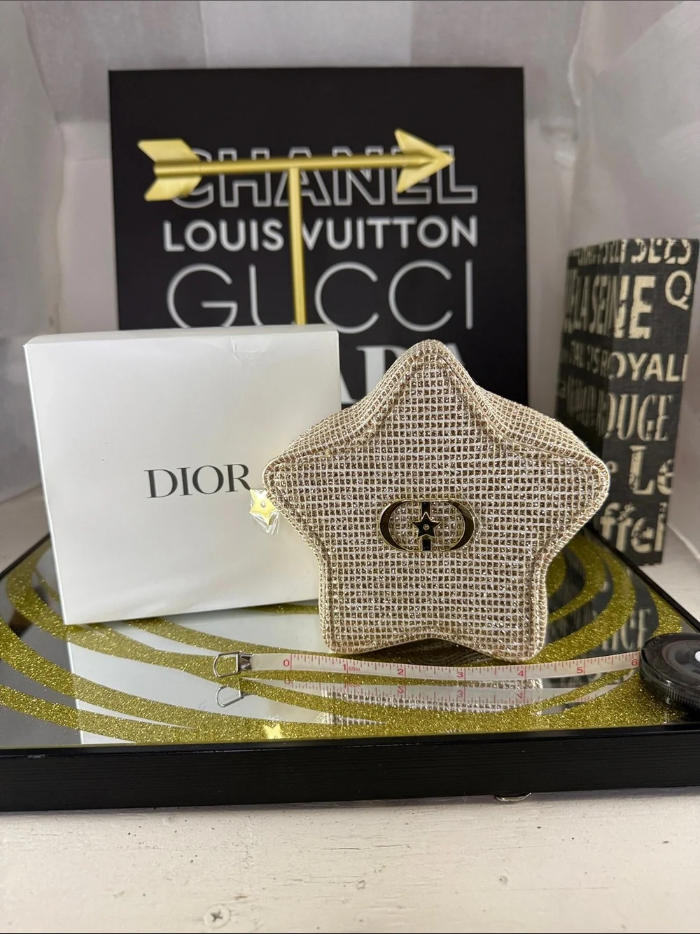 Dior Star Quilted Cosmetic Pouch in Beige with Gold Hardware